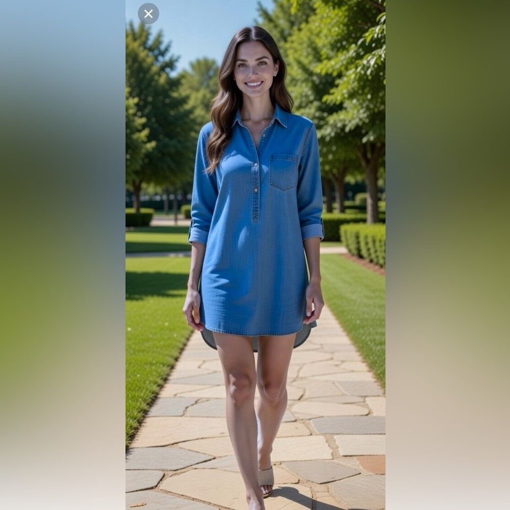 Bershka Denim Collection Tunic Long Shirt Long Sleeves Size XS Blue 1/2 Button